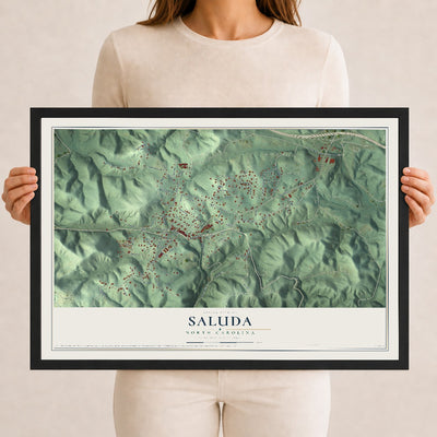 Map of Saluda, North Carolina, 12 x 18 inch print in a black wood frame