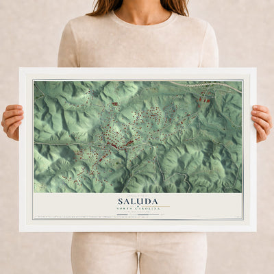 Map of Saluda, North Carolina, 12 x 18 inch print in a white wood frame