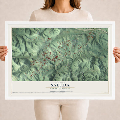 Map of Saluda, North Carolina, 18 x 24 inch print in a white wood frame