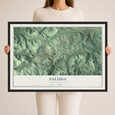 Map of Saluda, North Carolina, 24 x 36 inch print in a black wood frame