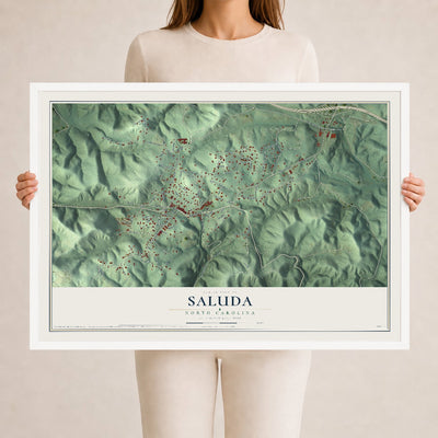 Map of Saluda, North Carolina, 24 x 36 inch print in a white wood frame