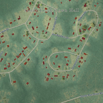 Close-up of the map of Sandy Creek, North Carolina print showing street and building detail
