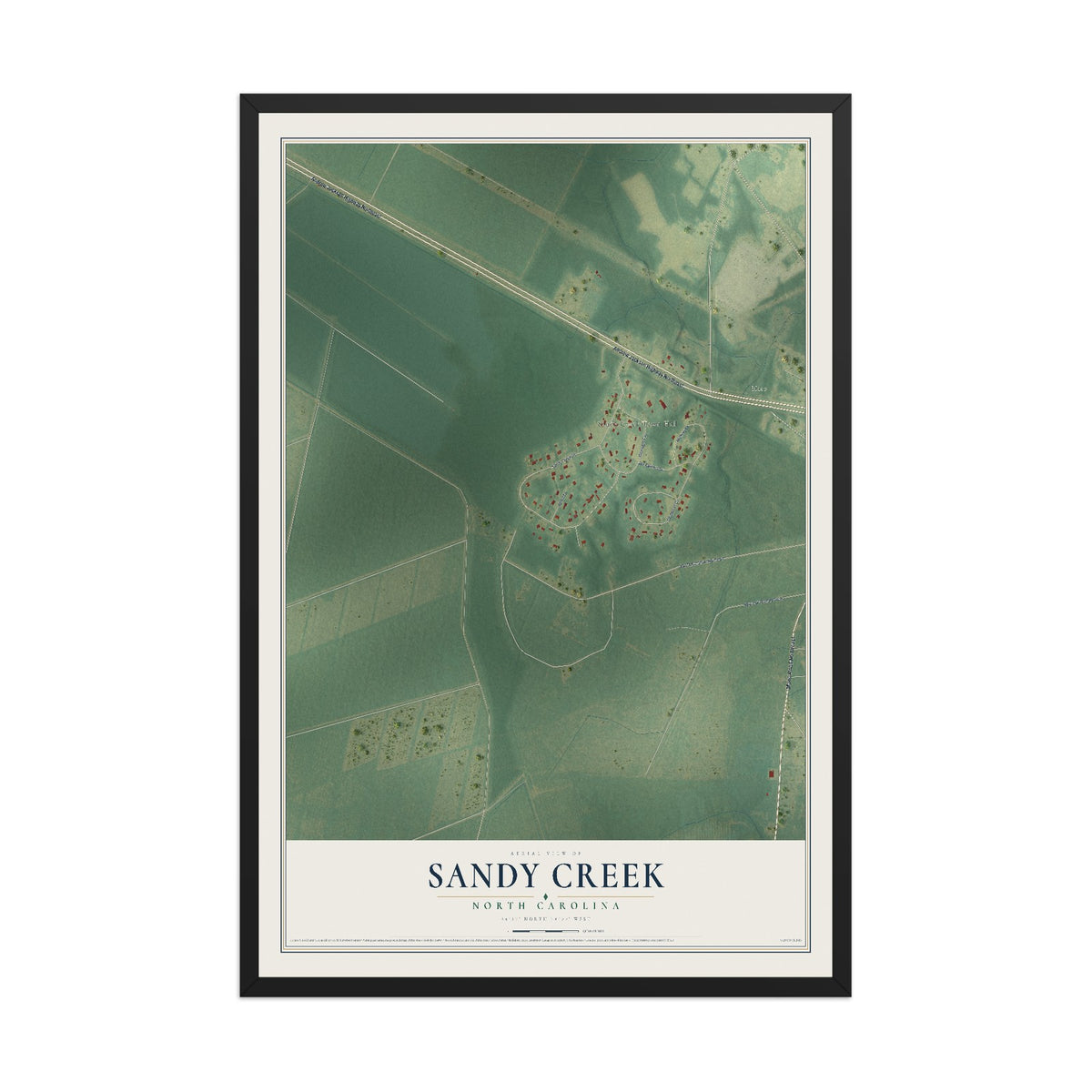 Map of Sandy Creek, North Carolina, 12 x 18 inch print in a black wood frame