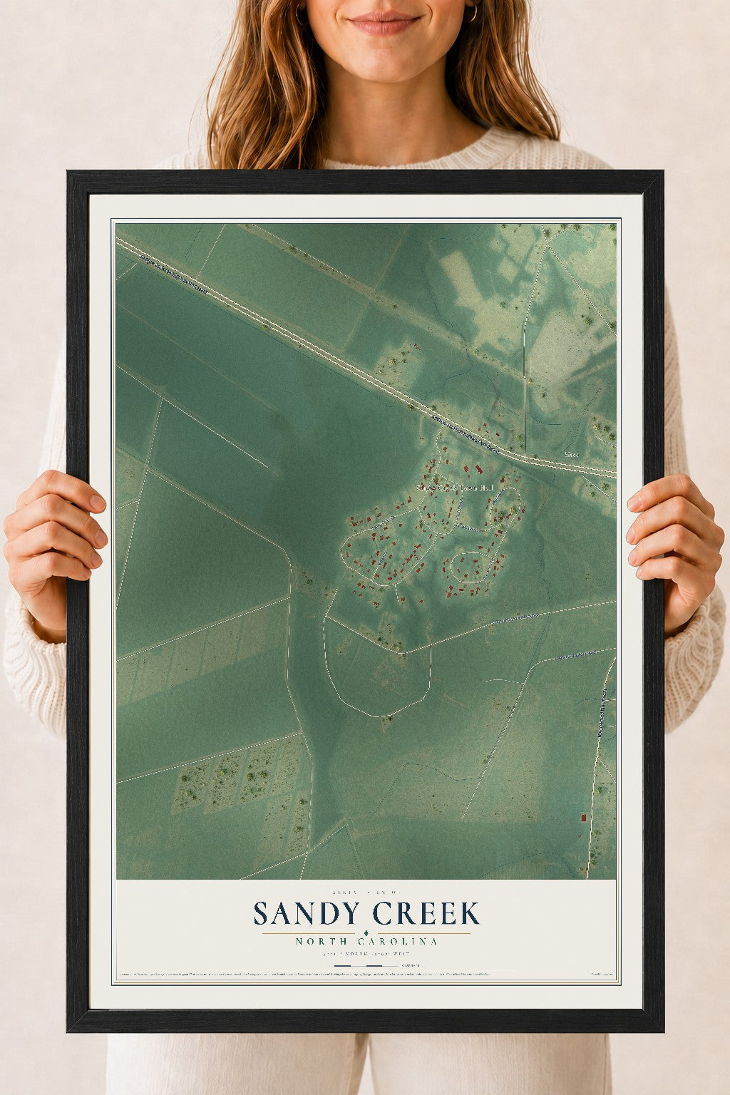 Map of Sandy Creek, North Carolina, 18 x 24 inch print in a black wood frame