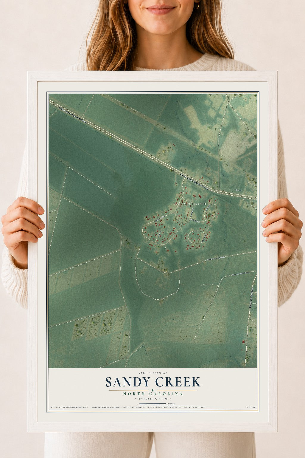 Map of Sandy Creek, North Carolina, 18 x 24 inch print in a white wood frame