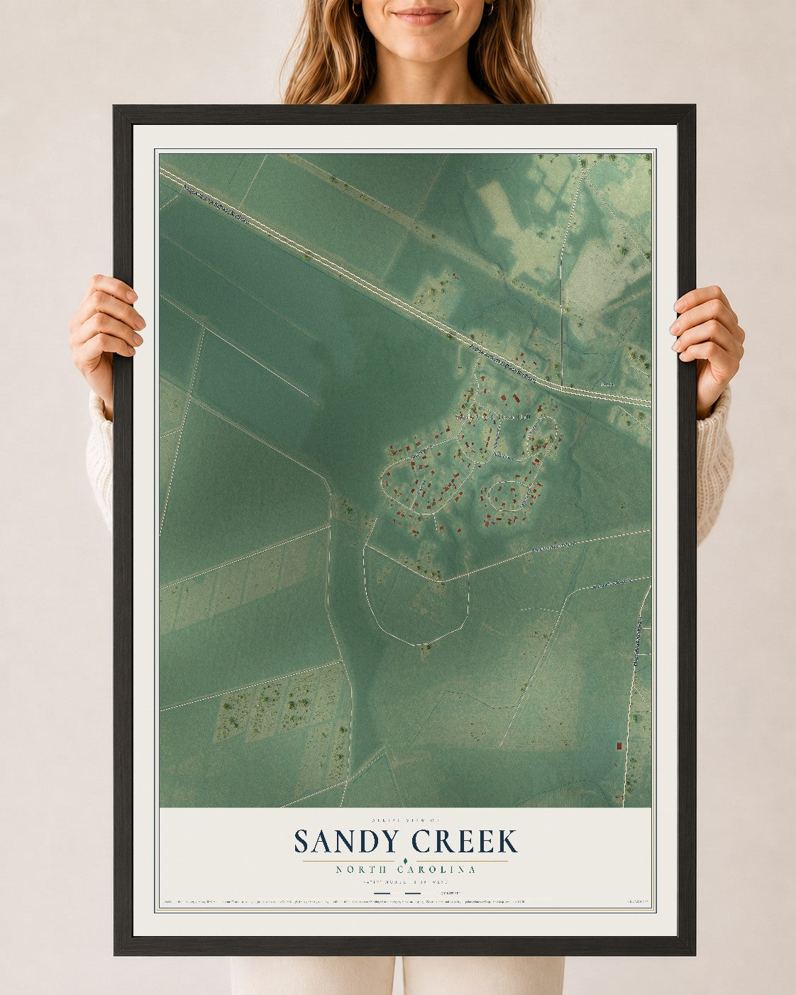 Map of Sandy Creek, North Carolina, 24 x 36 inch print in a black wood frame