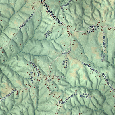 Close-up of the map of Sandy Ridge, North Carolina print showing street and building detail