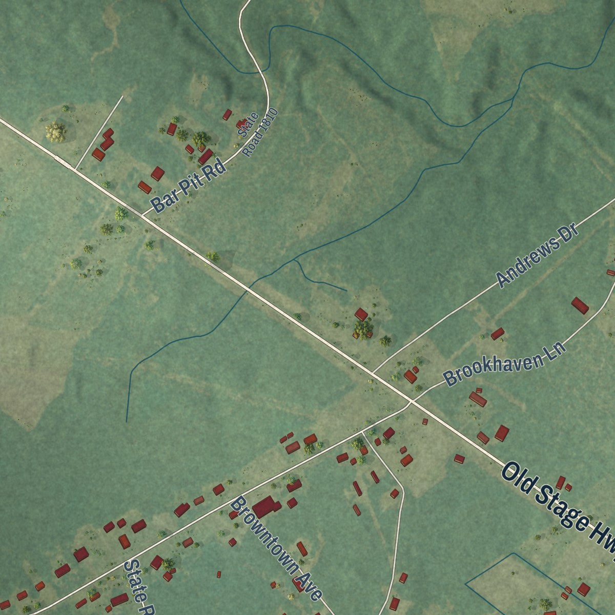 Close-up of the map of Sandyfield, North Carolina print showing street and building detail