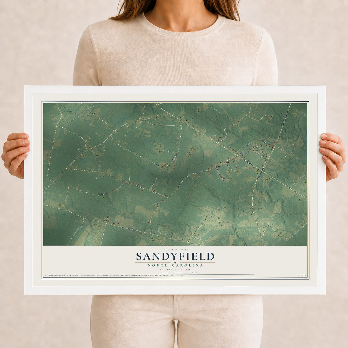Map of Sandyfield, North Carolina, 12 x 18 inch print in a white wood frame