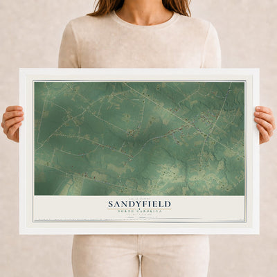 Map of Sandyfield, North Carolina, 12 x 18 inch print in a white wood frame