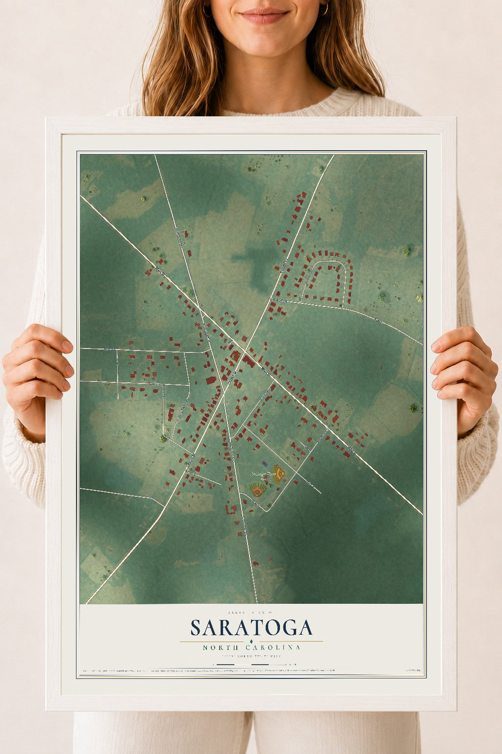 Map of Saratoga, North Carolina, 18 x 24 inch print in a white wood frame