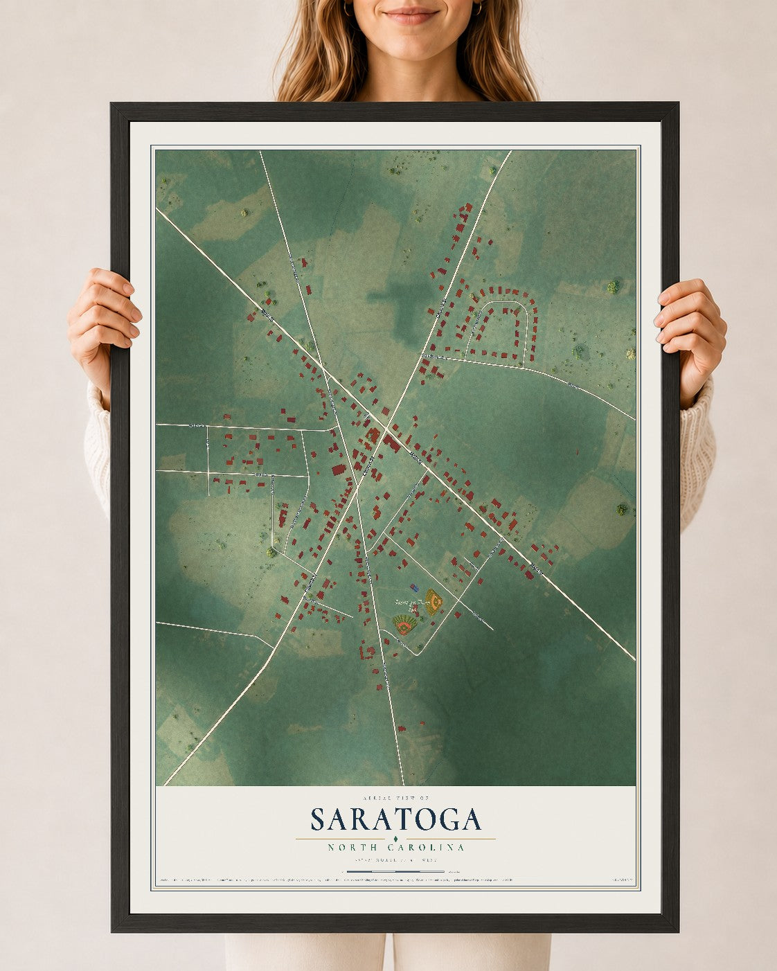 Map of Saratoga, North Carolina, 24 x 36 inch print in a black wood frame