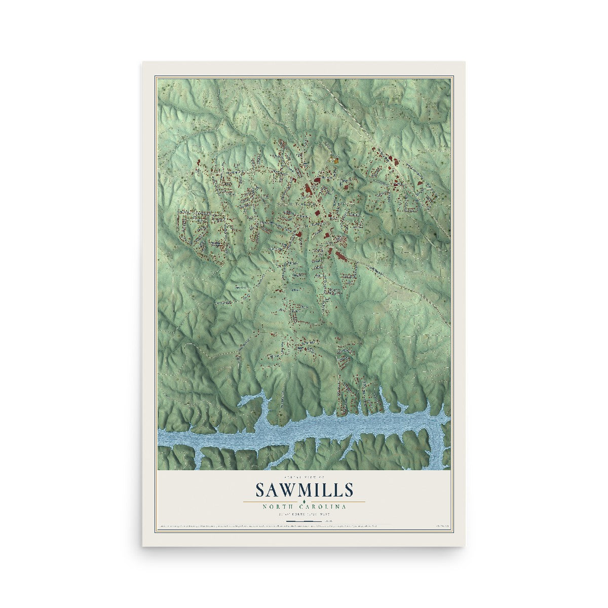 Map of Sawmills, North Carolina, 12 x 18 inch unframed archival matte print