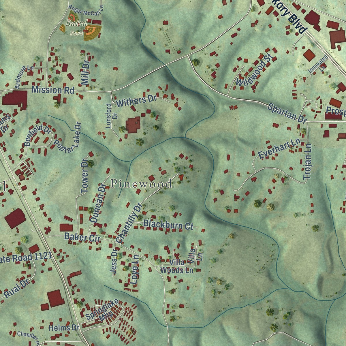 Second close-up of the map of Sawmills, North Carolina print showing more streets and buildings