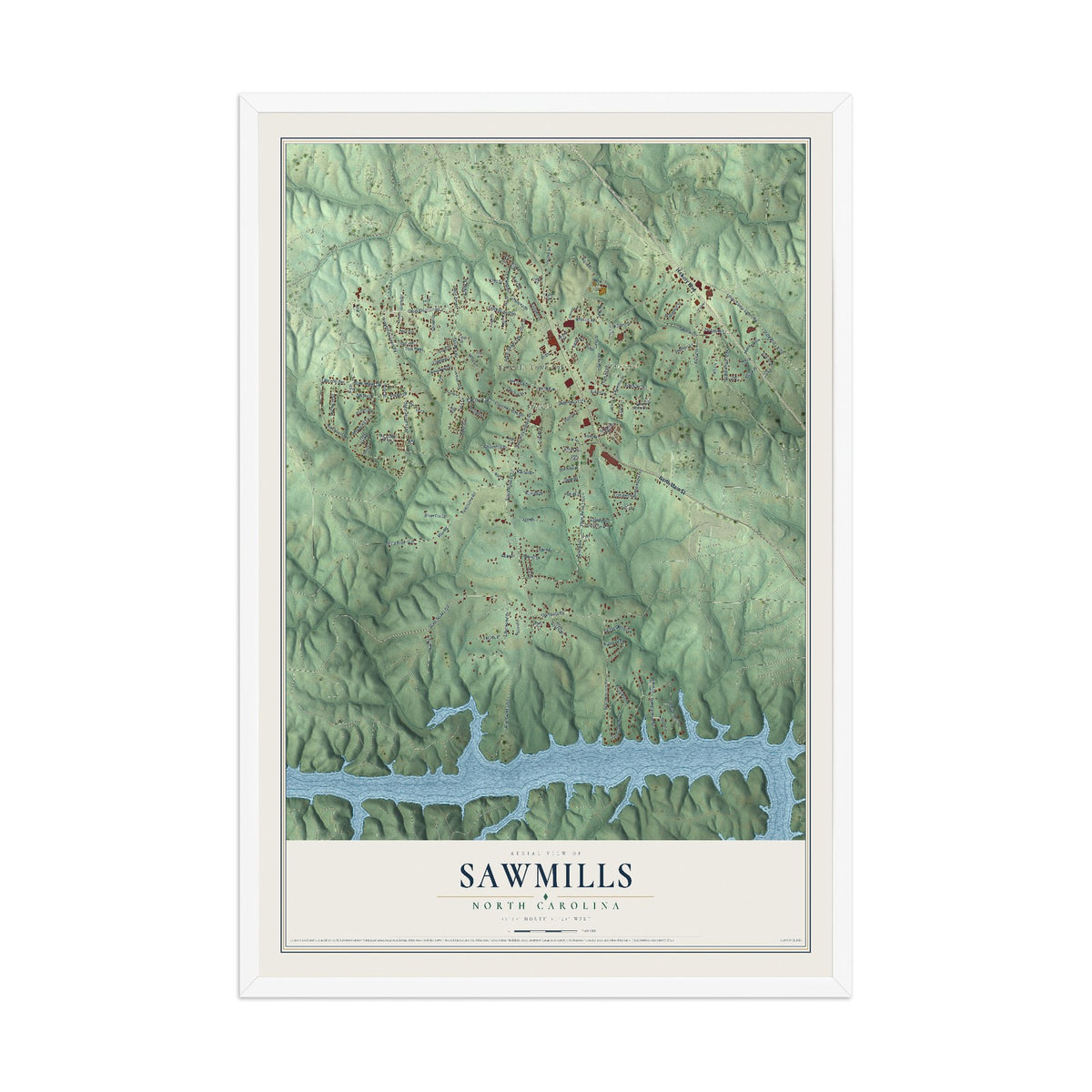 Map of Sawmills, North Carolina, 12 x 18 inch print in a white wood frame