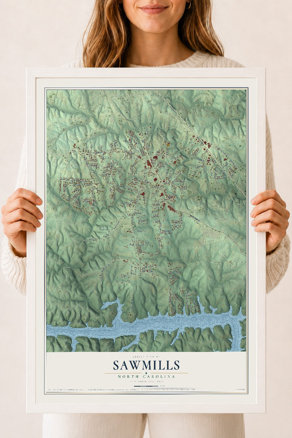 Map of Sawmills, North Carolina, 18 x 24 inch print in a white wood frame
