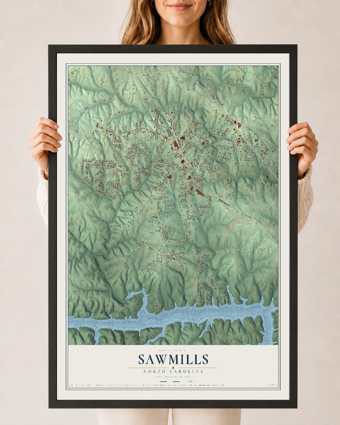 Map of Sawmills, North Carolina, 24 x 36 inch print in a black wood frame