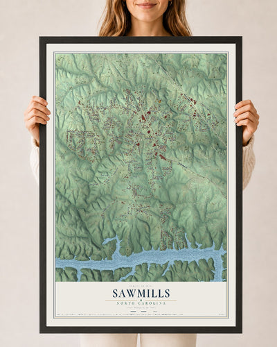 Map of Sawmills, North Carolina, 24 x 36 inch print in a black wood frame