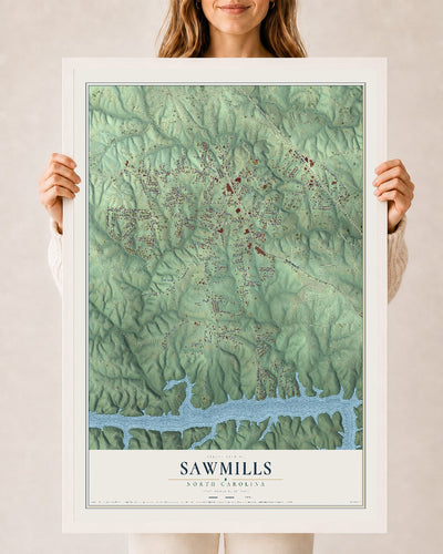 Map of Sawmills, North Carolina, 24 x 36 inch print in a white wood frame