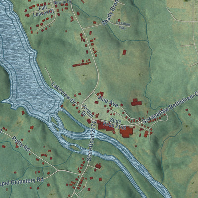 Close-up of the map of Saxapahaw, North Carolina print showing street and building detail