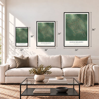 Scotch Meadows, North Carolina map in 12 x 18, 18 x 24 and 24 x 36 inch sizes above a sofa