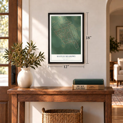 Scotch Meadows, North Carolina map, 12 x 18 inch print in a black frame in an entryway