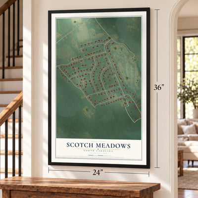 Scotch Meadows, North Carolina map, 24 x 36 inch print in a black frame by a staircase