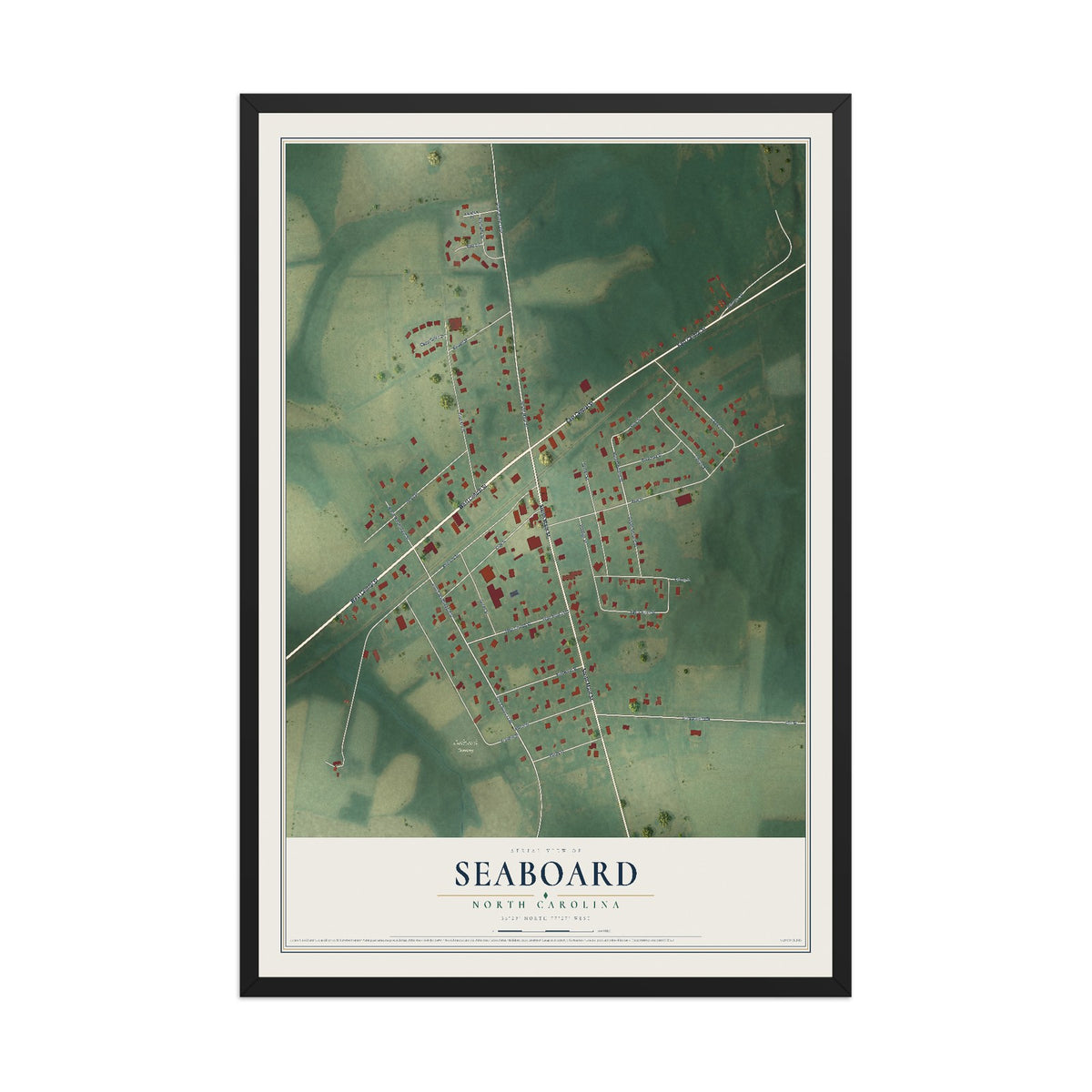 Map of Seaboard, North Carolina, 12 x 18 inch print in a black wood frame