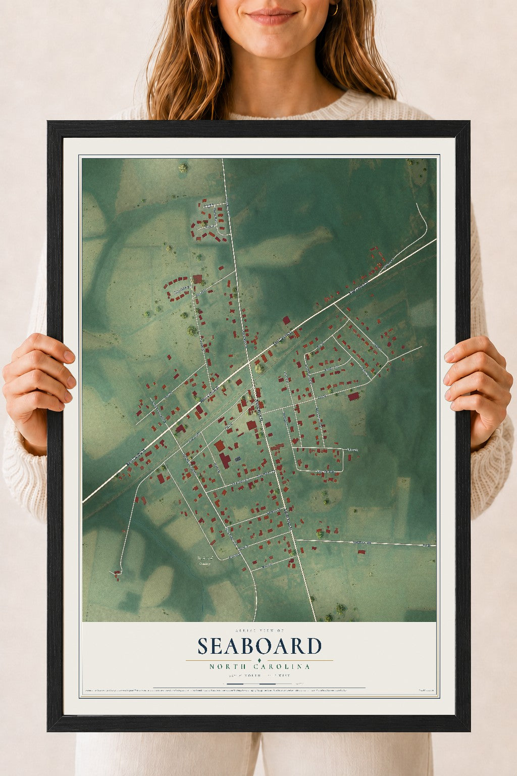 Map of Seaboard, North Carolina, 18 x 24 inch print in a black wood frame