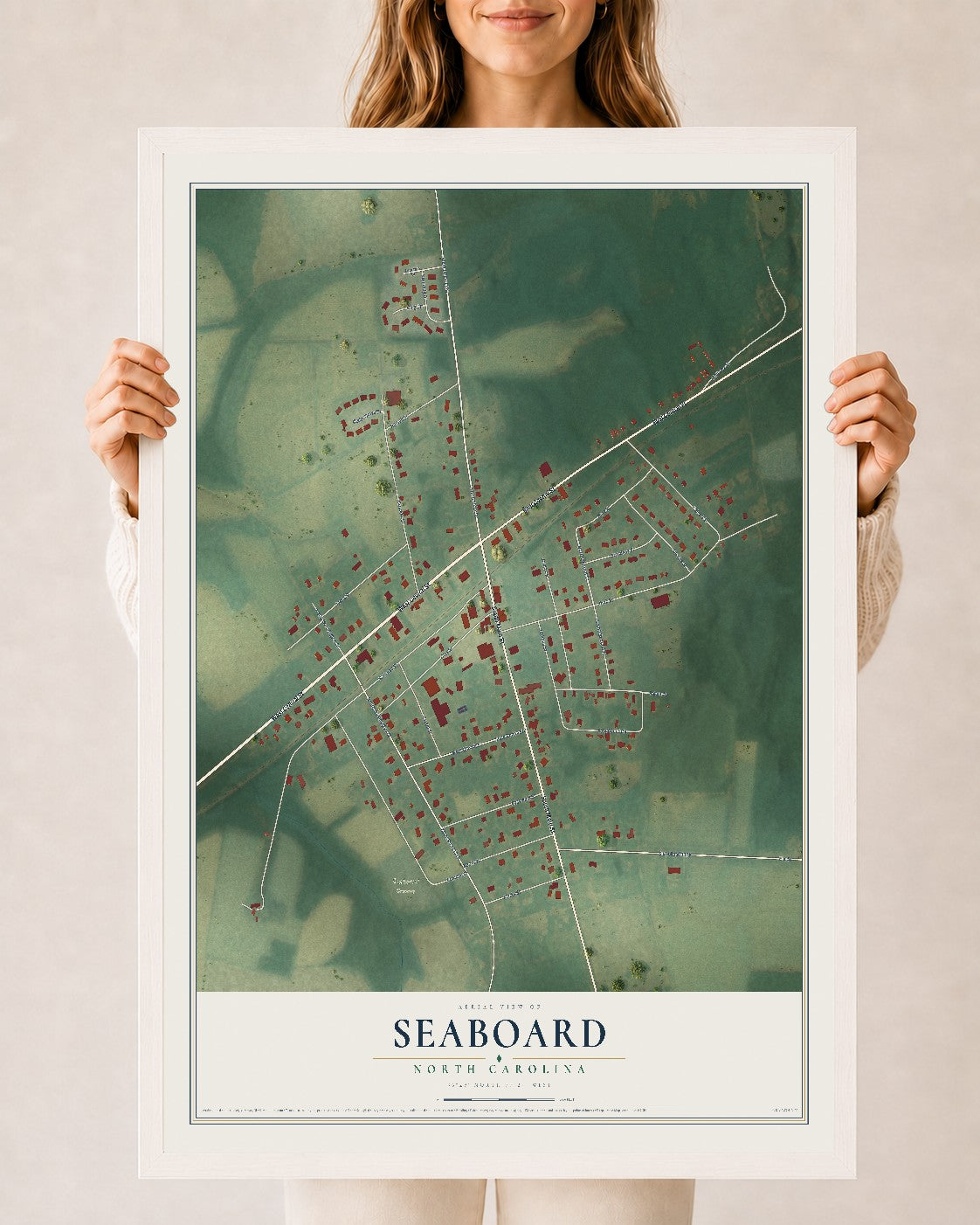 Map of Seaboard, North Carolina, 24 x 36 inch print in a white wood frame