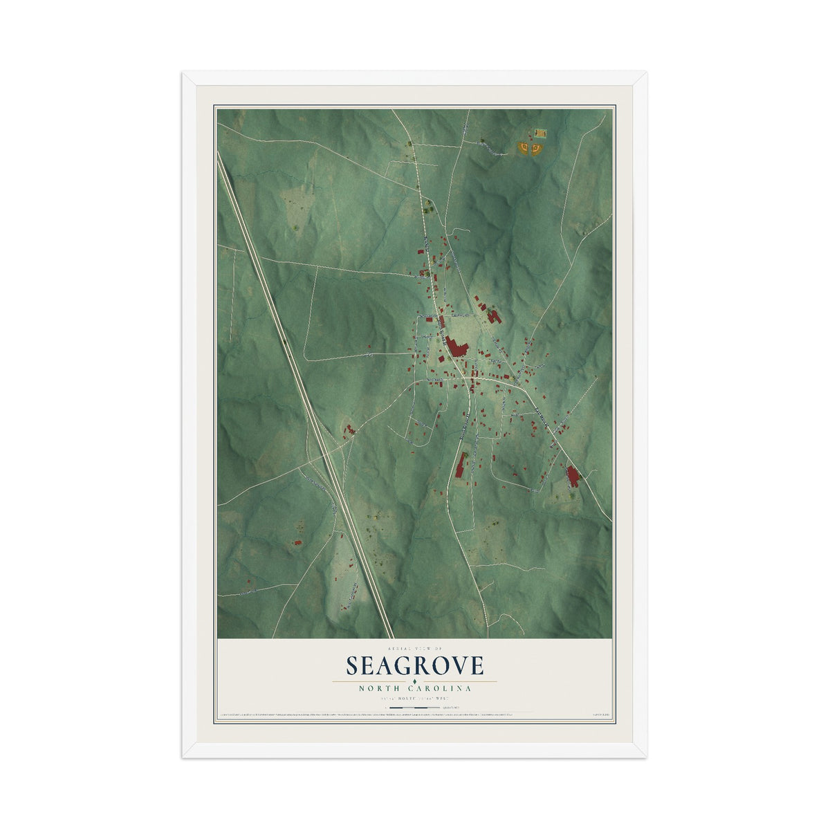 Map of Seagrove, North Carolina, 12 x 18 inch print in a white wood frame
