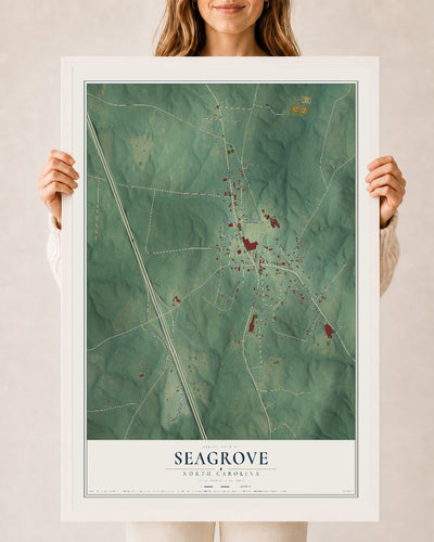 Map of Seagrove, North Carolina, 24 x 36 inch print in a white wood frame