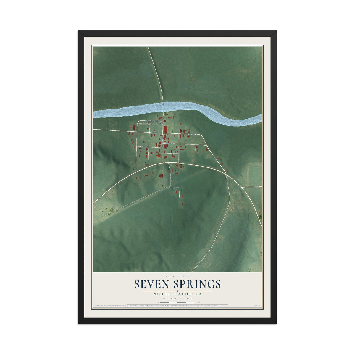 Map of Seven Springs, North Carolina, 12 x 18 inch print in a black wood frame