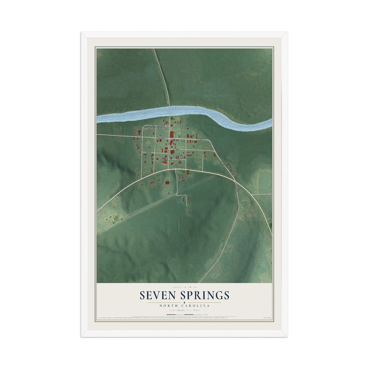 Map of Seven Springs, North Carolina, 12 x 18 inch print in a white wood frame