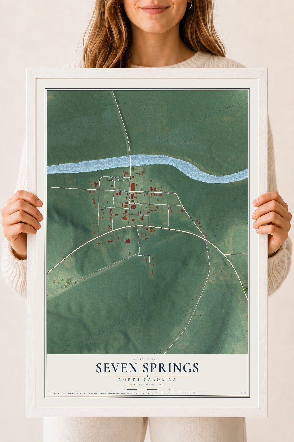 Map of Seven Springs, North Carolina, 18 x 24 inch print in a white wood frame