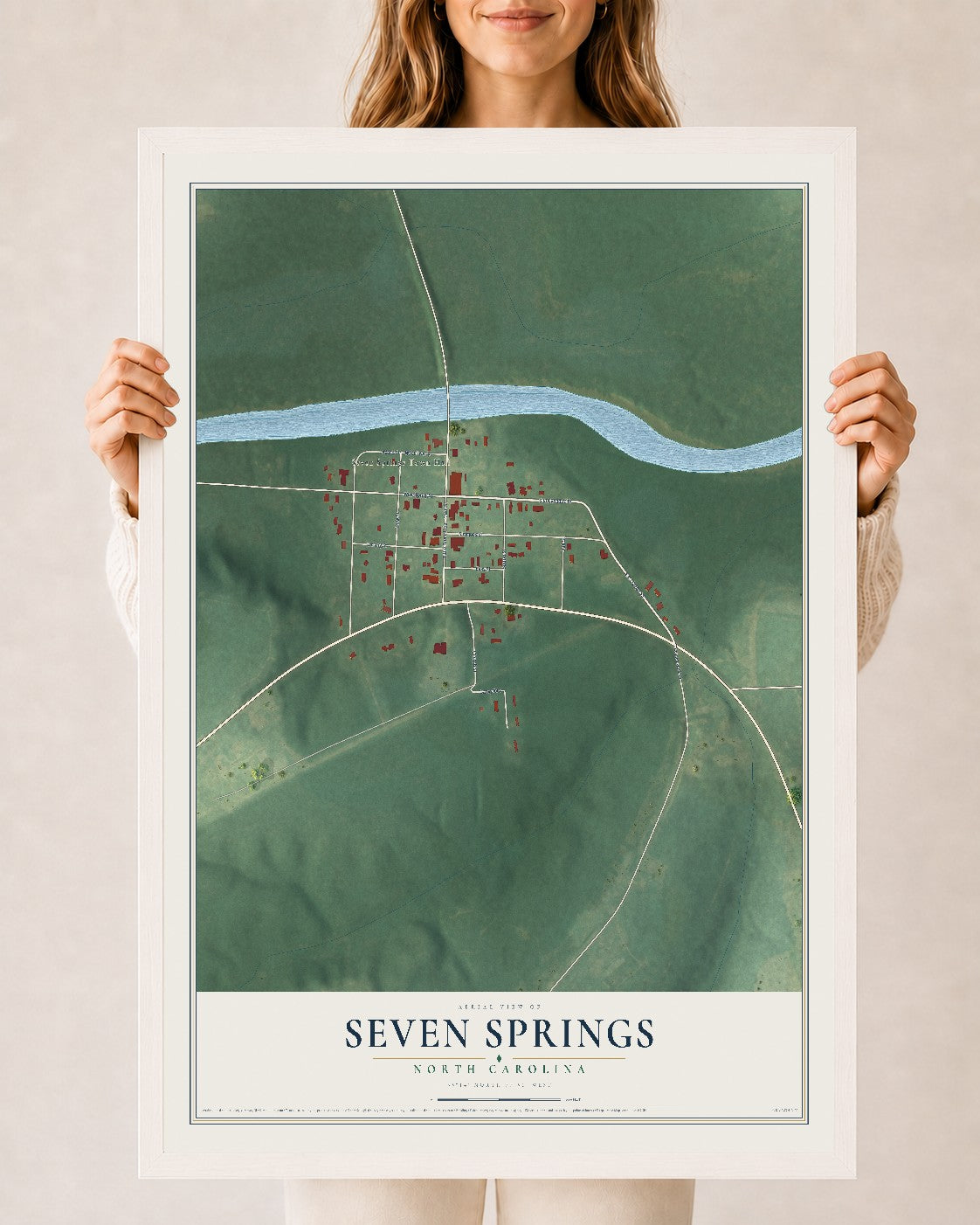 Map of Seven Springs, North Carolina, 24 x 36 inch print in a white wood frame