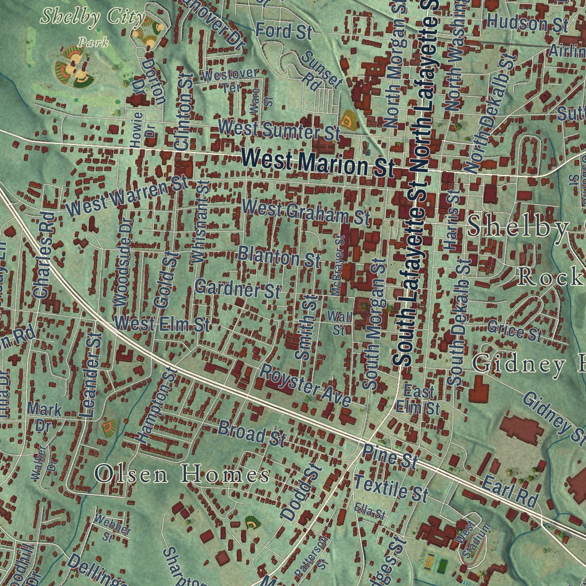 Close-up of the map of Shelby, North Carolina print showing street and building detail