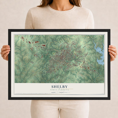 Map of Shelby, North Carolina, 12 x 18 inch print in a black wood frame