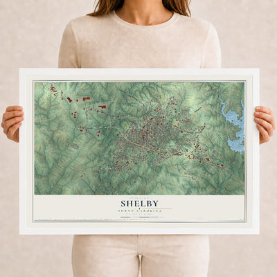 Map of Shelby, North Carolina, 12 x 18 inch print in a white wood frame