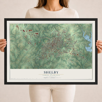 Map of Shelby, North Carolina, 18 x 24 inch print in a black wood frame
