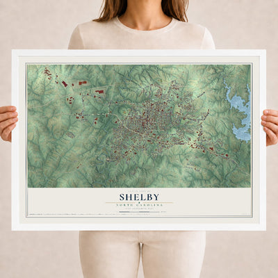 Map of Shelby, North Carolina, 18 x 24 inch print in a white wood frame