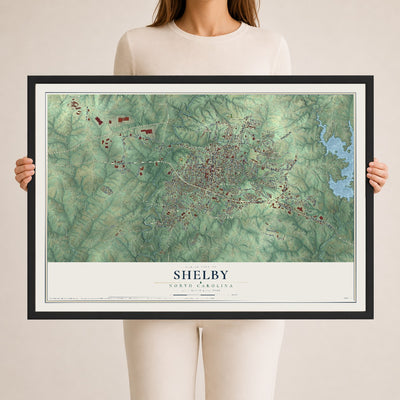 Map of Shelby, North Carolina, 24 x 36 inch print in a black wood frame