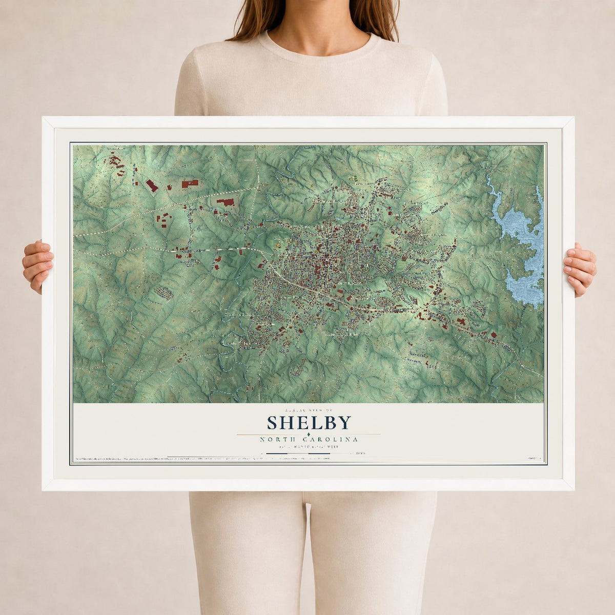 Map of Shelby, North Carolina, 24 x 36 inch print in a white wood frame