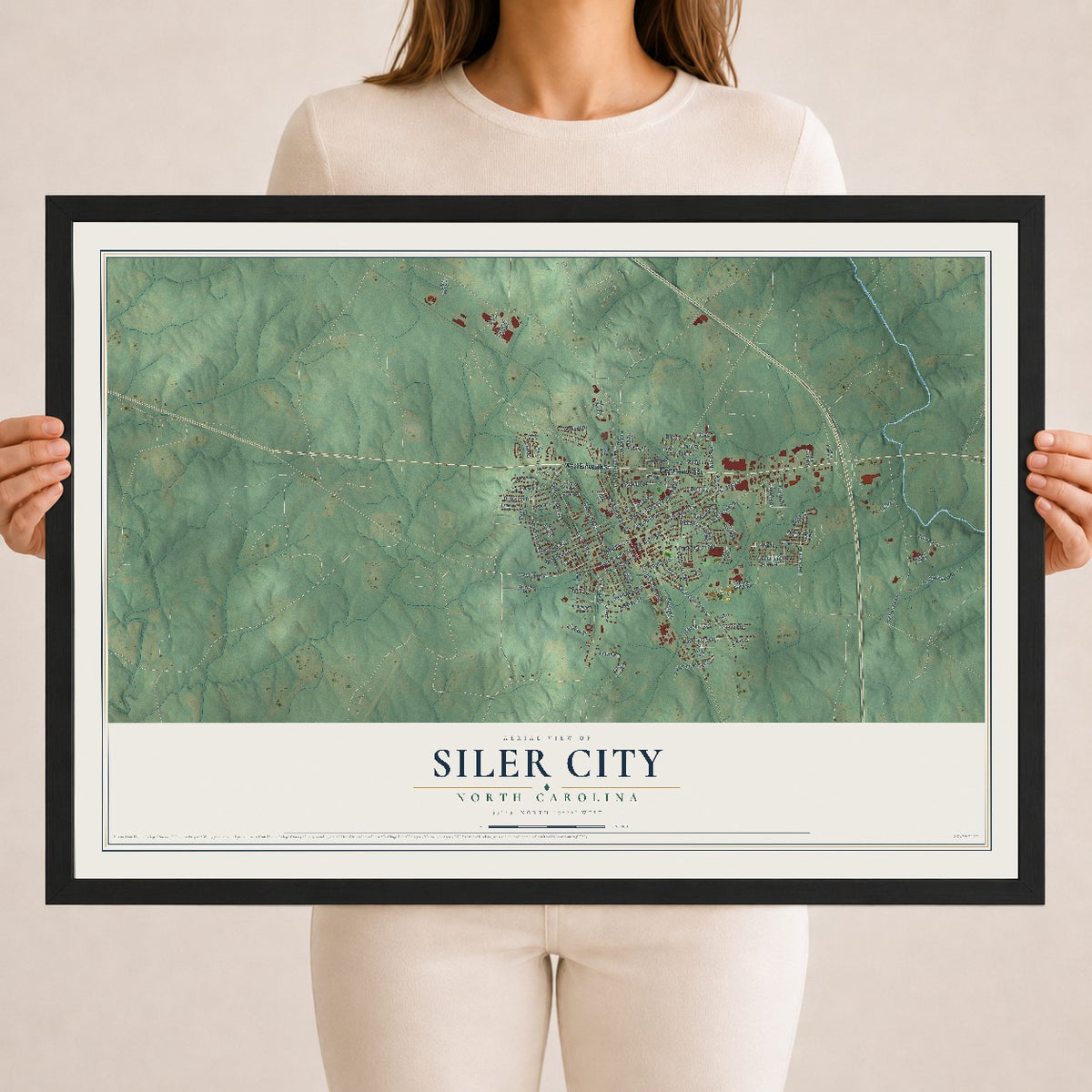 Map of Siler City, North Carolina, 18 x 24 inch print in a black wood frame
