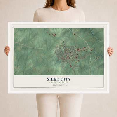 Map of Siler City, North Carolina, 24 x 36 inch print in a white wood frame
