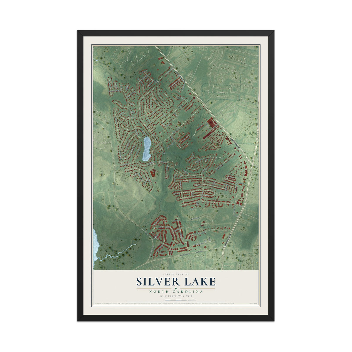Map of Silver Lake, North Carolina, 12 x 18 inch print in a black wood frame
