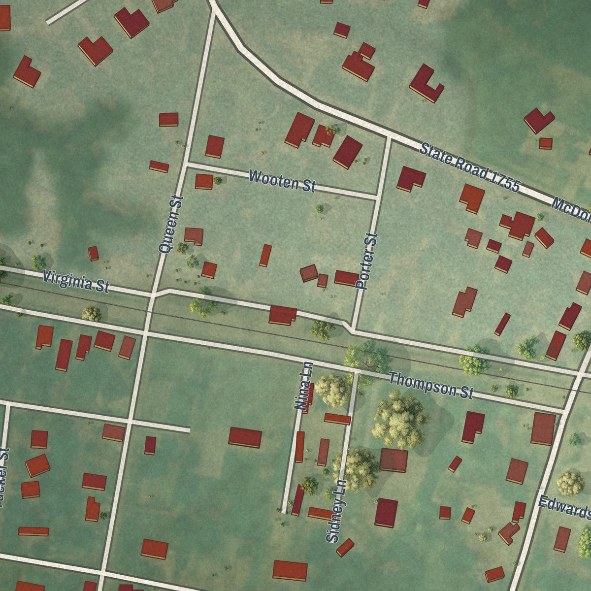 Close-up of the map of Simpson, North Carolina print showing street and building detail