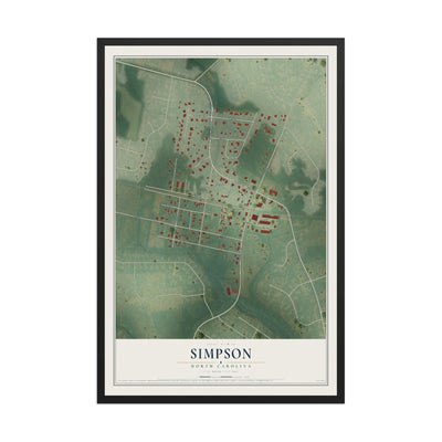 Map of Simpson, North Carolina, 12 x 18 inch print in a black wood frame