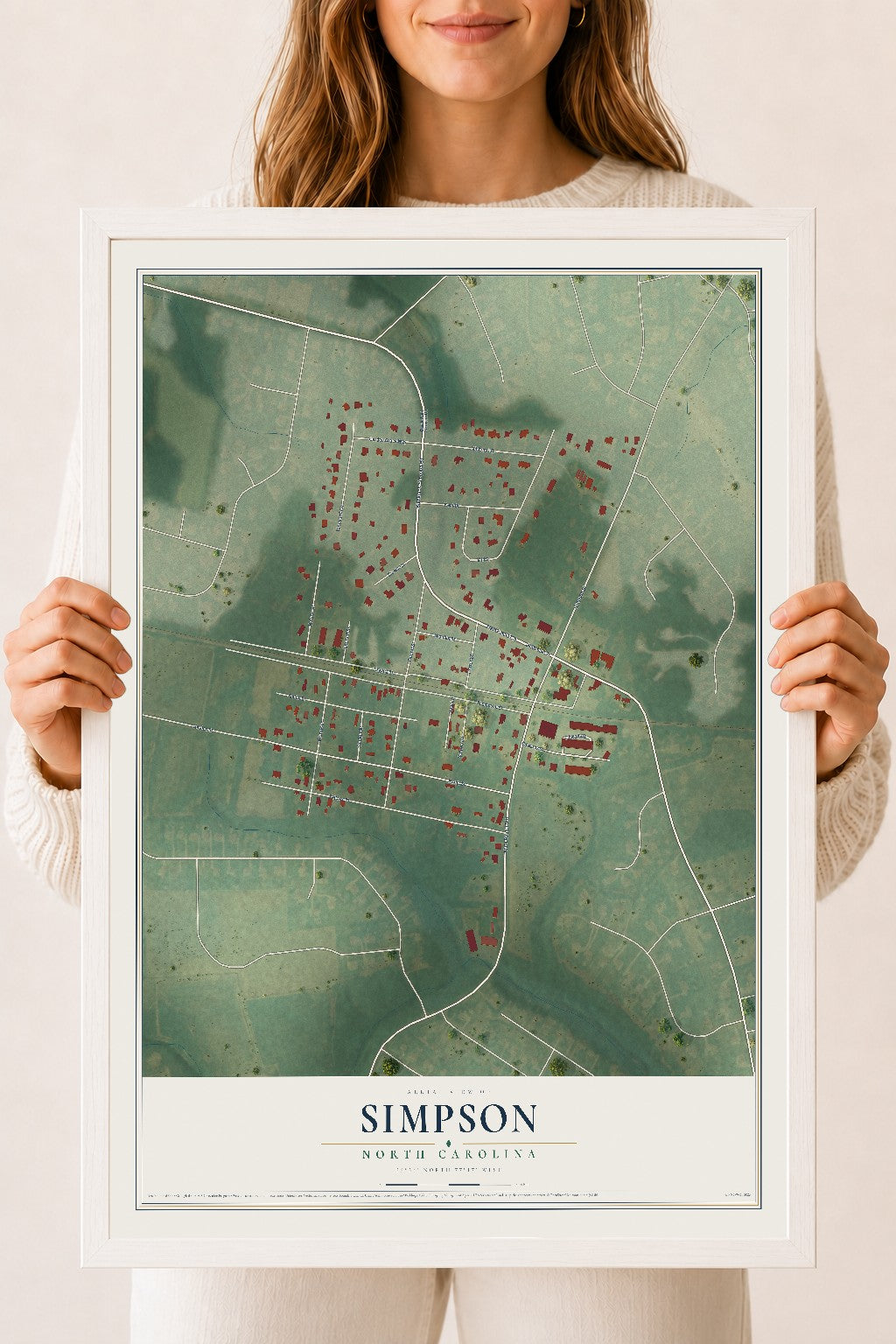 Map of Simpson, North Carolina, 18 x 24 inch print in a white wood frame