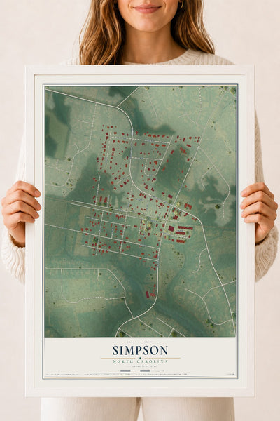 Map of Simpson, North Carolina, 18 x 24 inch print in a white wood frame